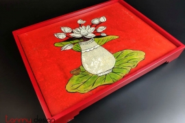 Rectangle lacquer tray with hand painted lotus vase 42x32xH5cm